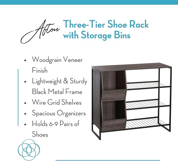 RiverRidge Afton Shoe Storage Organizer, Black Frame + Weathered Woodgrain | Versatile Entrway Shoe Rack with 3 Metal Shelves, and 2 Cubby Bins