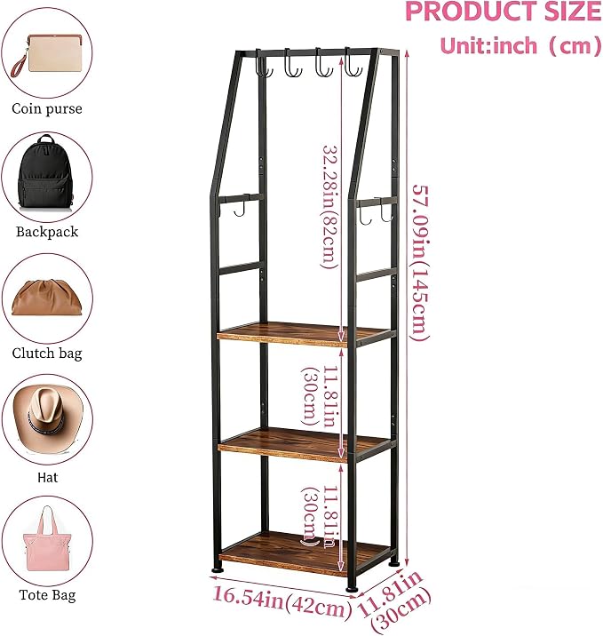 Hall Tree with Hanging Hooks,Heavy-Duty Metal Coat Rack with Shoe Shelves,3-Tier Purse Stand Handbag Organizer，Suitable for Hallway,Bedroom and Bathroom (Brown)