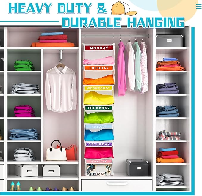 Amylove 2 Pcs 7 Shelf Weekly Clothes Organizer for Kids Hanging Closet Organizer 11. 8 x 11. 8 x 50 Inches Daily Activity Kids Clothes Storage Drawers Cube Drawers Closet Hanging Shelves(White)