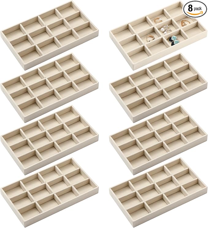 Highergo 8 Pcs Velvet Jewelry Trays Stackable Drawers Organizer Ring Earring Bracelet Necklace Storage Trays, 8.3x4.7x1''(12 Grids)