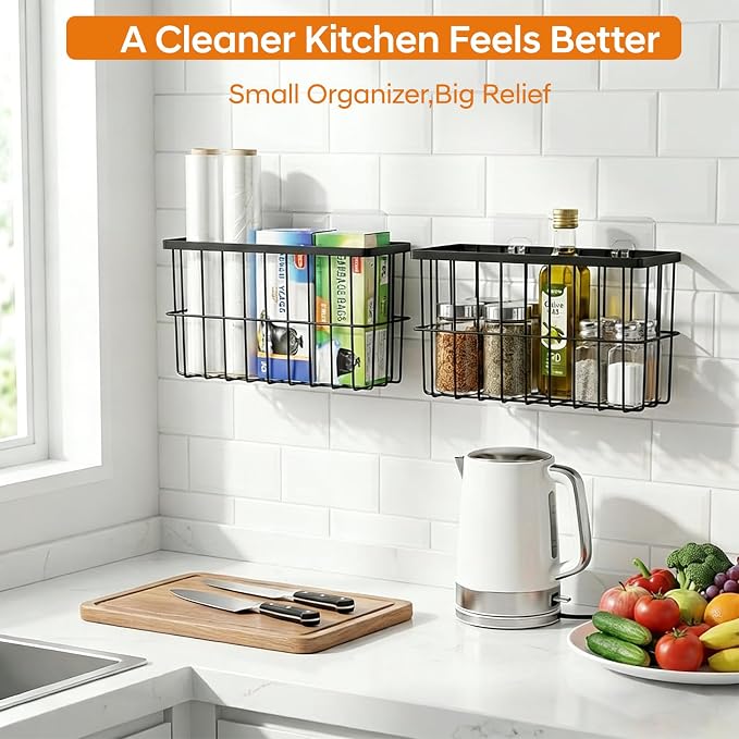 FAMNONE 2-Pack Adhesive Cabinet Door Organizer, 5.9" Inside Cabinet Storage | Lid Organizer for Cabinet, No Drill Wall Mounted Storage Box for Pantry Door, Kitchen & Bathroom Space Saving Organizer