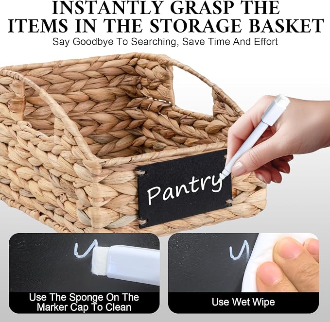 Hand-Woven Pantry Baskets for Organizing, Large Wicker Storage Baskets for Shelves with Labels, 2 Chalk Markers & Handles, 3 Pack Hyacinth Storage Bins for Pantry Kitchen Laundry Shelf