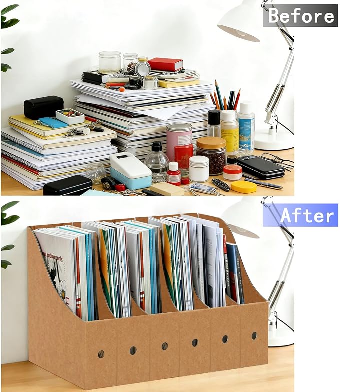 Limitliho 6 Pack Brown Cardboard Magazine Holder for Desk, Book Bins for Classroom Library,Office,Home, 10.6" H x 10.2" L x 3.5" W in Magazine File Holder
