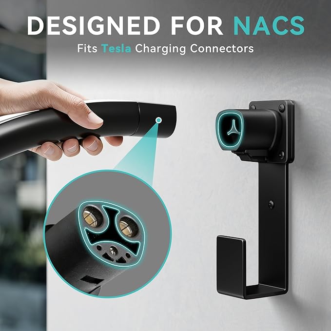EV Charger Holder - Tesla Connector, Nozzle Holster Dock and J-Hook Combination, EV Cable Holder Wall-Mount Electric Vehicle Charger