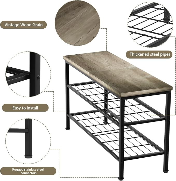 3-Tier Metal Shoe Rack with Wood Top - Durable & Space-Saving Shoe Organizer,Industrial Shoe Organizer Shelf Bench Storagefor Closet Entryway, Bedroom & Hallway - Gray + Black 28.5 W × 18" H