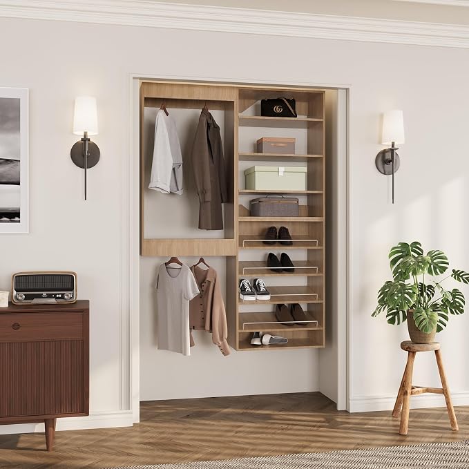 ROOMTEC Modular Closet System, 58" Wall Mounted Closet Organizer with Hanging Rods and Shoe Shelf, Wooden Tower for Walk-In Closets, Wardrobe Storage Kit, Wood