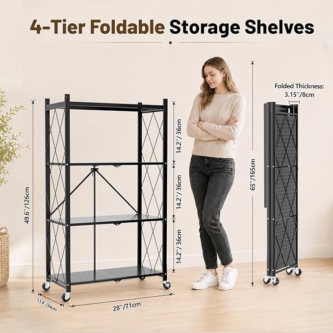 4 Tier Foldable Storage Shelves on Wheels, Heavy Duty Metal Shelving Unit, No Assembly Required for Kitchen, Garage, Pantry, Basement, Bookshelf, Black