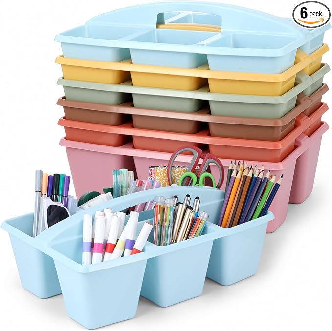 6 Pack Assorted Colors 6 Compartment Classroom Caddy with Handle Portable Plastic Storage Classroom Caddies Organizer for Classrooms Supply Teacher Office Table Desk(Groovy)