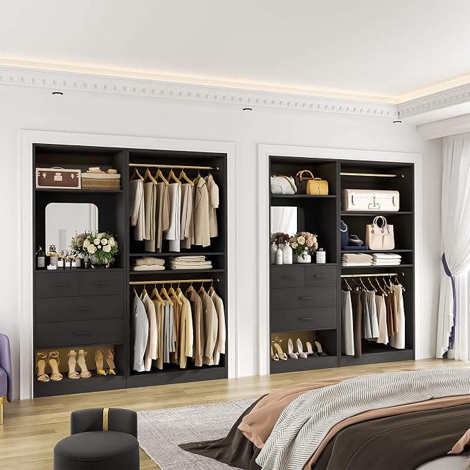 Unikito 61" Closet System, Heavy Duty Wood Closet Organizer with 2 Hanging Rods, Walk-in Wardrobe Garment Rack with Adjustable Shelves, Free-standing Clothing Rack, Black