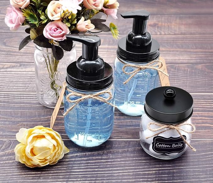 Amolliar Mason Jar Foaming Soap Dispenser Pump Lid, Refillable Plastic Pump, Rustproof Stainless Steel Lid for Regular Mouth Jar, Cute Farmhouse Decor, Hand Soap for Bathroom, Kitchen, Black 4 Pack
