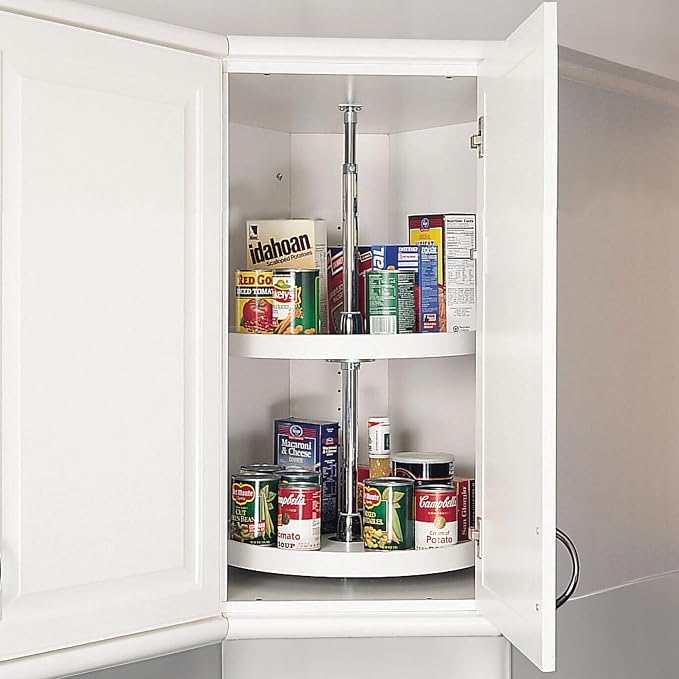 Rev-A-Shelf 18 Inch Dual Full-Circle Lazy Susan Organizer for Upper Corner Kitchen Cabinets, Plastic Home Storage 2 Tier Shelves, White, 6012-18-11-52
