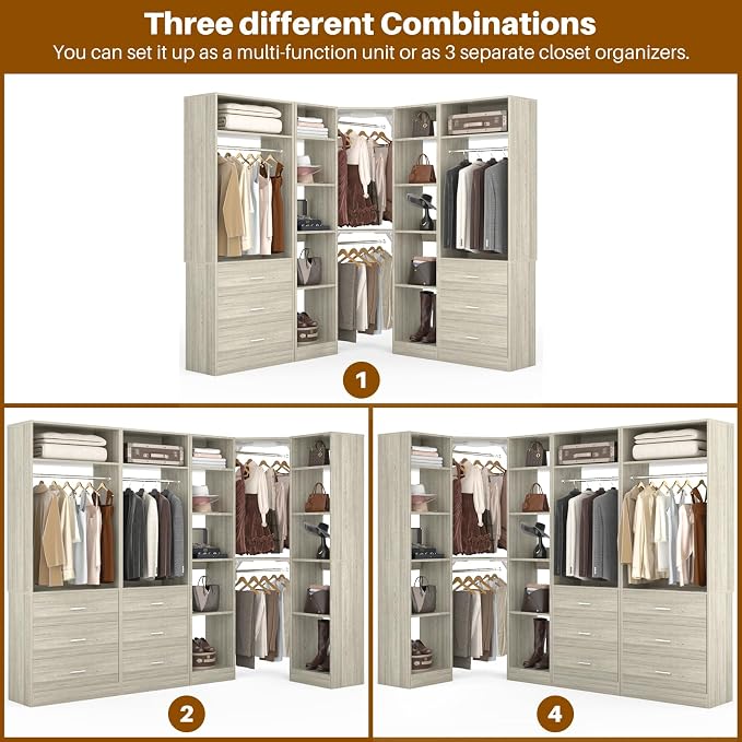 Besiost Corner Closet System with 6 Drawers, Closet Organizer System with 14 Shelves & 4 Hanging Rods, 87.2"L * 39.2"W / 63.2"L * 63.2"W Reversible L Shaped Walk-in Closets, Load 2500+LBS, White Oak