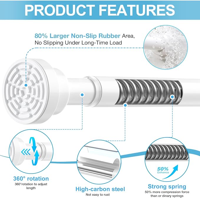 Adjustable Tension Curtain Rod 31-76 inch,Spring Tension Rod for Windows Expandable Pressure Curtain Rod No Drilling White Tension Curtain Rods for Window,Bathroom,Kitchen,Doorway