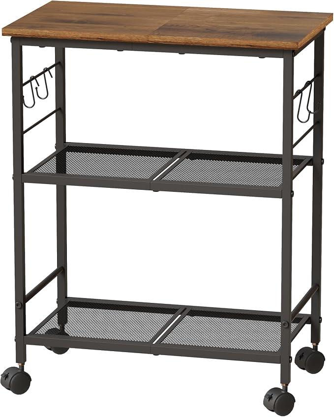 BEWISHOME 3-Tier Rolling Kitchen Microwave Cart, Microwave Table Stand | with 4 Lockable Wheels, Small Coffee Cart Shelf Rack Organizer for Kitchen, Living Room, Bathroom