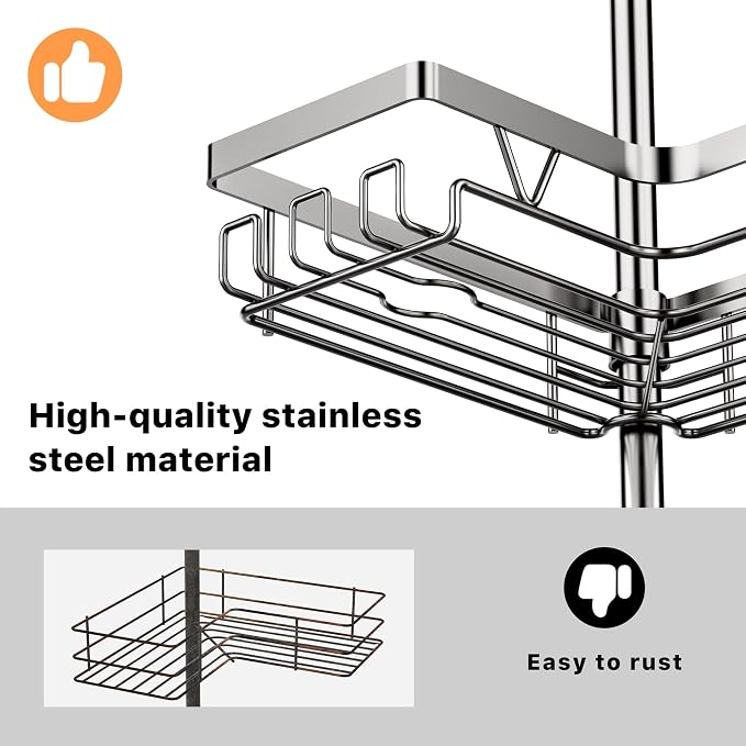 KEGII Corner Shower Caddy Tension Pole with Soap Dish & Razor Holder, Adjustable Bathroom Organizer with Hooks, 25-114.2 Inch Rustproof Storage Shelf for Renters & Apartments, Gunmetal Gray