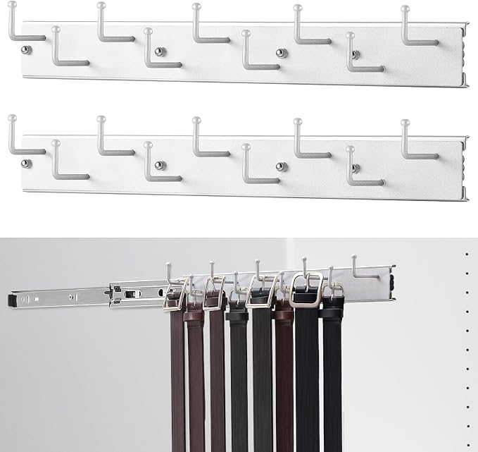 Blulu 2 Pcs 13.8'' Sliding Tie Rack Hangers for Closet, 9(Total 18) Tie Pull Out Wall Mounted Extending Sturdy Metal Belt Organizer Holder for Men Belt Storage, Sliver