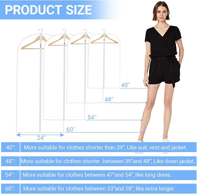 All Clear Garment Bags for Hanging Clothes, 55" (Set of 6) Dress Bags for Gowns Long, Plastic Dustproof Dress Garment Bag, Long Dress Bag with Zipper for gown, winter long coats, dance costume