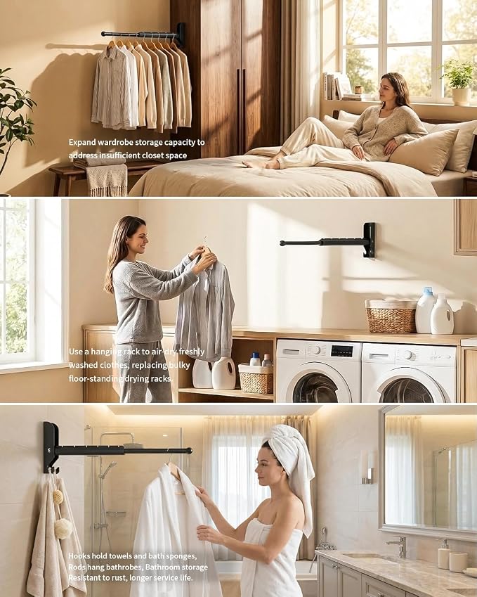 BaiNong Pull Out Wall Mounted Clothes Drying Rack Black 13" Foldable | Laundry and Drying Solutions for Small Spaces Easy to Install