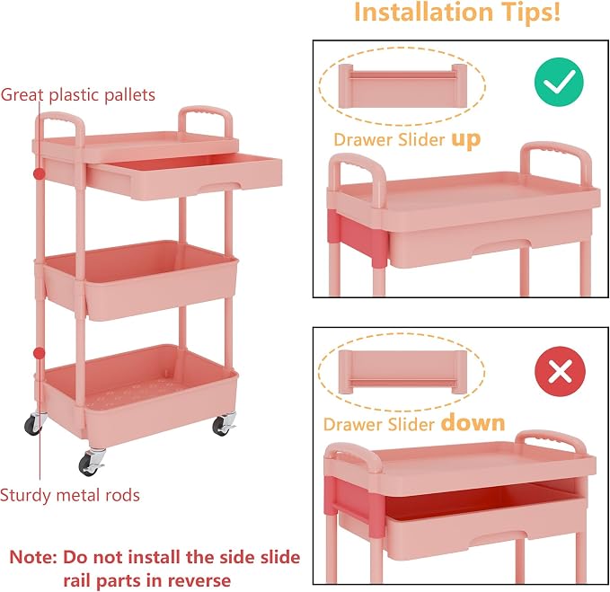 Calmootey 3-Tier Rolling Utility Cart with Drawer,Multifunctional Storage Organizer with Plastic Shelf & Metal Wheel,Storage Cart for Kitchen,Bathroom,Living Room,Office,Pink | Space-Saving Organizer, Sturdy Plastic Shelves, Smooth-Rolling Metal Wheels...