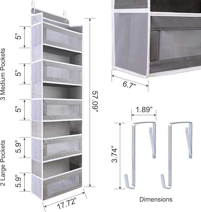 ANHUXINLEI Over The Door Organizer Storage, 5 Large Capacity Pockets & 5 Side Pockets, Anti Tilt 44 lb Load Behind Door Storage for Bedroom, Bathroom, Pantry, Nursery (Grey)