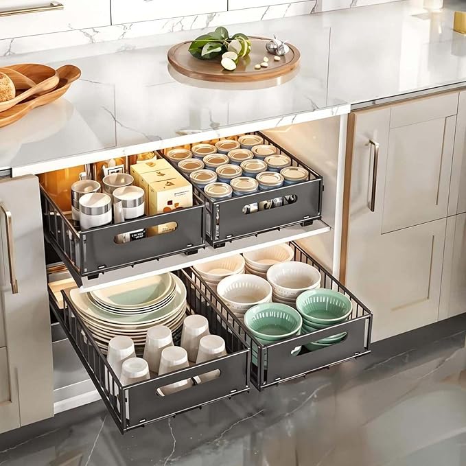 Slide-Out Storage Organizer 9.6"x14.8"x4" Matte Black Rustproof Carbon Steel Pull Out drawer Tray with Adhesive Taps and Screw Installation for Bathroom Cabinet,Under Sink, Dresser
