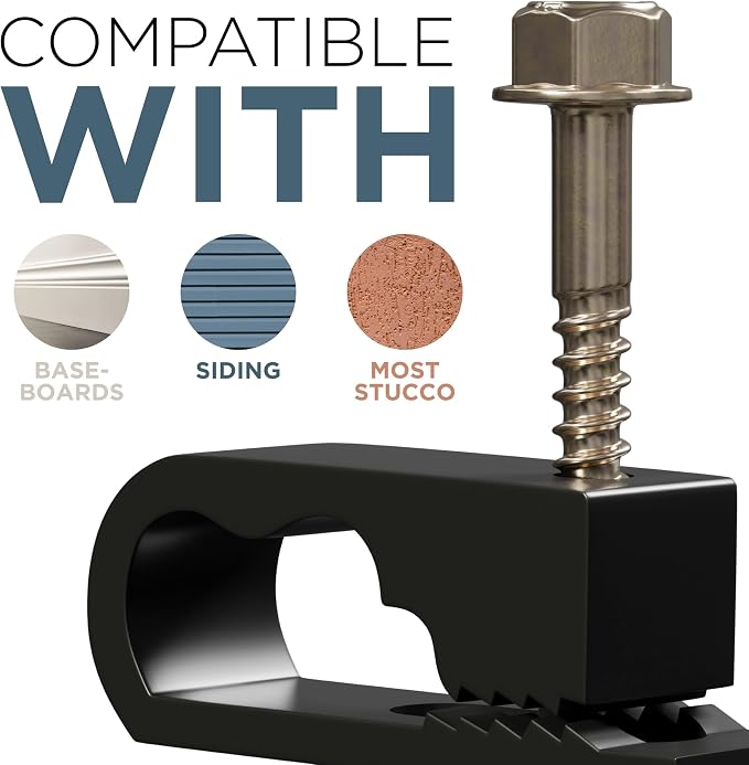 THE CIMPLE CO Dual Cable Clips with Screws - 1/2 Inch Coaxial Cable Clamps Outdoor - Exterior Cord Management for Coax, CAT Ethernet, Electrical Wire - Screw Clamps for Wires on Wall - 10 PCS, Black