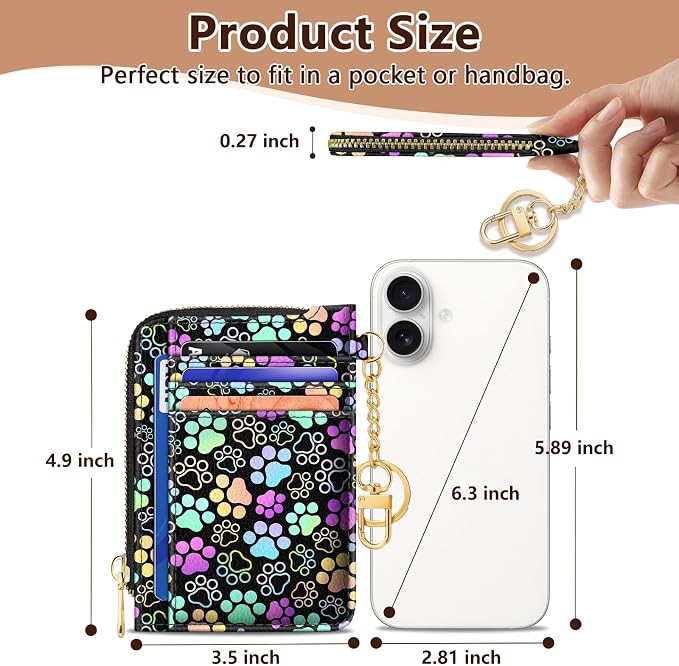 GIANCOMICS Slim Wallet Credit Card Holder Women, Puppy Dog Paw Rfid Blocking Small Card Case, Keychain Thin Pocket Curved Zipper Wallet, Travel Card Holder PU Leather ID Window, Ladies Female Gifts