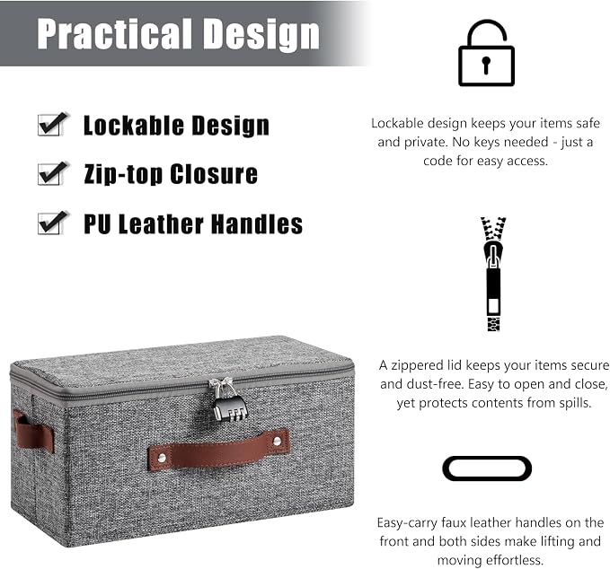 2PCS Storage Bins Box with Zipper Lid Combination Lock PU Leather Handles Cotton Linen Fabric Lockable Basket DVD CD Case Foldable Closet Shelf Organizer Container (Gray, 13"x 6"x 6")