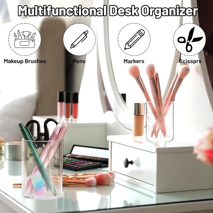 2 Pcs Pen Holder Acrylic Cylinder Container Stylish Clear Acrylic Desk Organizer Round Makeup Brush Storage Desktop Pencil Cup Clear Stationery Organizer for Home School Office Supplies Countertop