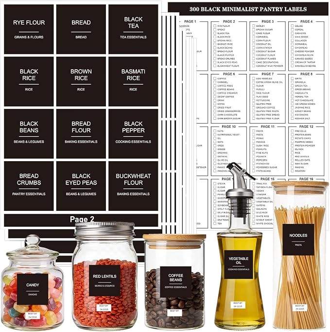 300pcs Pantry Labels for Food Containers, Preprinted Minimalist Waterproof Stickers Removable Black Kitchen Food Labels Expiration Date Labels for Organizing Storage Bins Jars Bottles Boxes