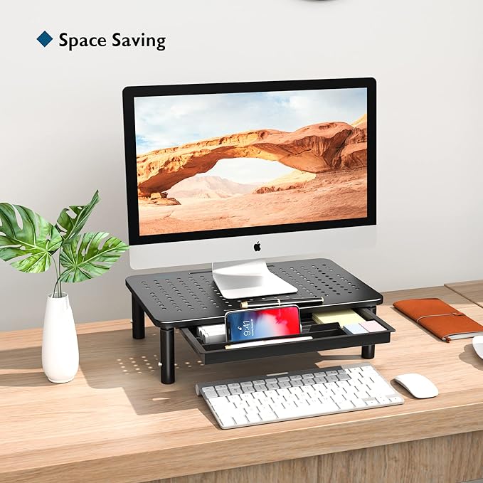 BONTEC 1 Pack Adjustable Monitor Stand Riser with Drawer, Supports 44lbs | Ergonomic Mesh Platform for Desk, Ventilated Laptop and PC Use with Cable Management for a Cooler, Organized Workspace