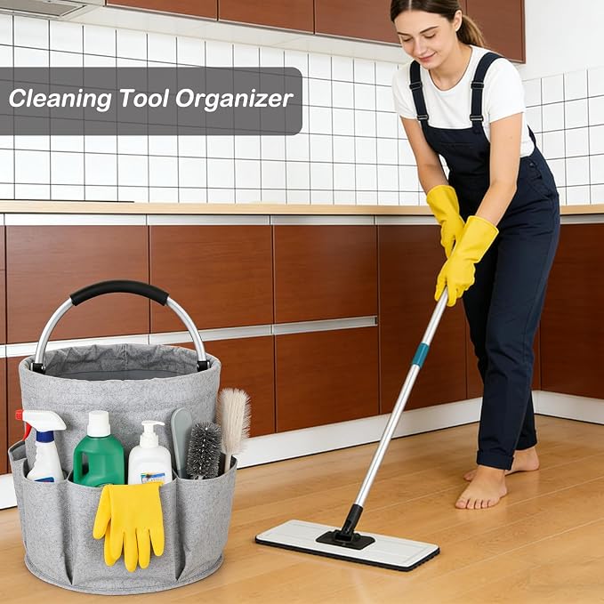 17L Foldable Cleaning Caddy with Handle, Cleaning Supplies Organizer Storage Basket with 6 Side Pockets, Portable Multi Cleaning Bucket Bag for Home Garden Bathroom Camping (Dark Grey)