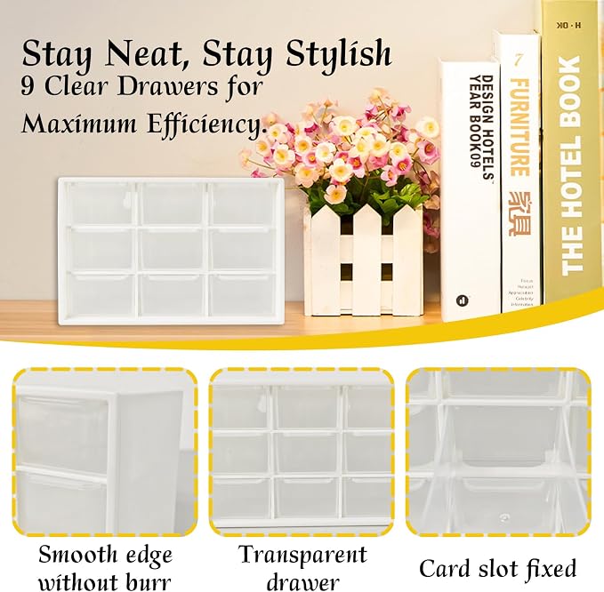 Small Drawer Organizer for Desk, 7.1" x 3.8" x 4.6" Mini Desktop Drawer Organizer with 9 Clear Drawers, Compact Craft & Office Supplies Organizer for Home School (White)