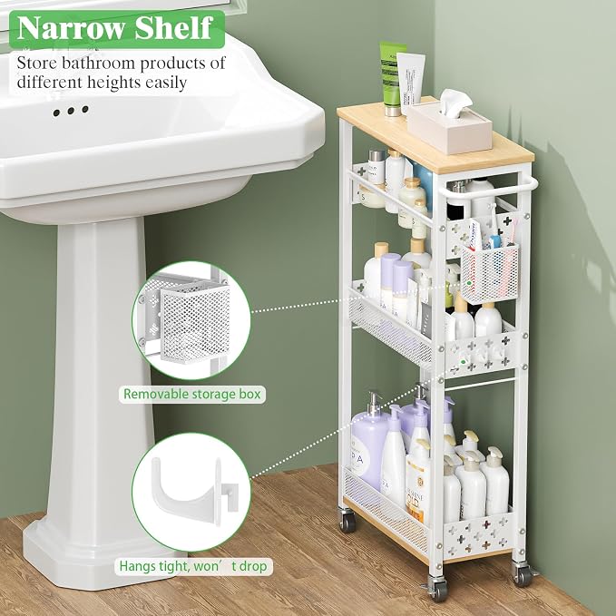 4 Tier Slim Rolling Storage Cart, Laundry Room Cart on Wheels, Small Metal Bathroom Cart Kitchen Organizer Trolley with Handle and Mesh Basket, 7.1 inch Width for Narrow Space, White