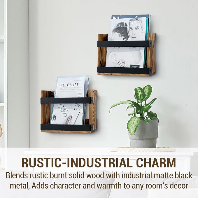 MyGift Set of 2 Rustic Burnt Wood and Matte Black Metal Wall-Mount Magazine Racks – Industrial Style Display Holders for Mail, Books, and Documents