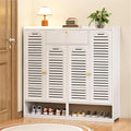 Shoe Cabinet with Louvered Doors, Freestanding Entryway Shoe Storage Cabinet with Drawer & Open Compartment, Modern Bamboo Shoe Rack Organizer with Thickened Adjustable Shelves for Closet
