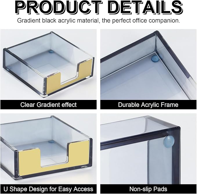 MultiBey Gradient Acrylic Sticky Note Holder Clear Post Memo Pad Dispenser | Desk Organizer Dispenser with Non-Slip Pads Desk Accessories for Office Home Decor Aesthetic Gift (Black)