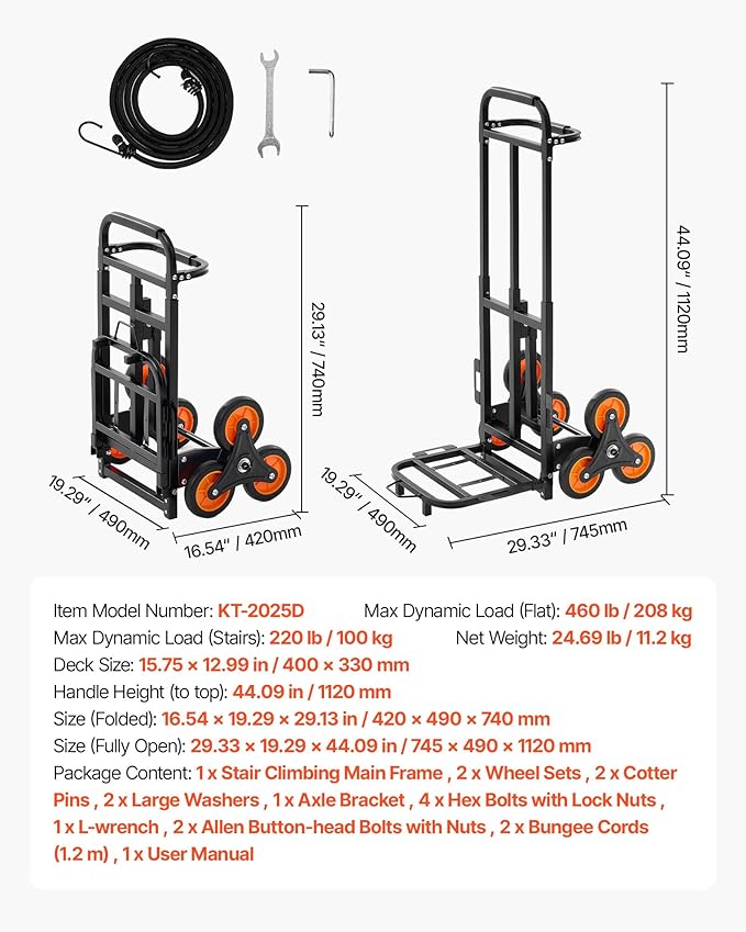 VEVOR Stair Climbing Dolly 460 lbs, Heavy-Duty Folding Trolley Cart for Stairs with Telescoping Handle, 6 Wheels & 2 Ropes, Stair Climber Dolly for Home, Groceries, Warehouse