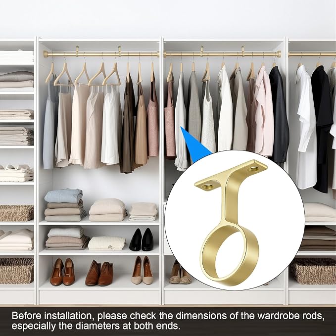 LEIFIDE 4 Pcs 1 5/16 Inch Diameter Round Wardrobe Closet Rod Suspended Center Support with Installation Screws Curtain Closet Rod Ceiling Mount Bracket for Home Wardrobe (Matte Brass)