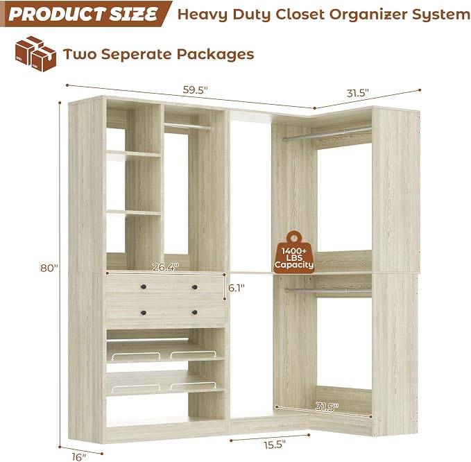 Besiost Closet System with 2 Drawers, 3 Hanging Rods, 59.5" * 31.5" Closet Organizer System with Corner Tower, Reversible L Shaped Walk-in Closet System, Corner Closet System Set of 2, Greige Oak