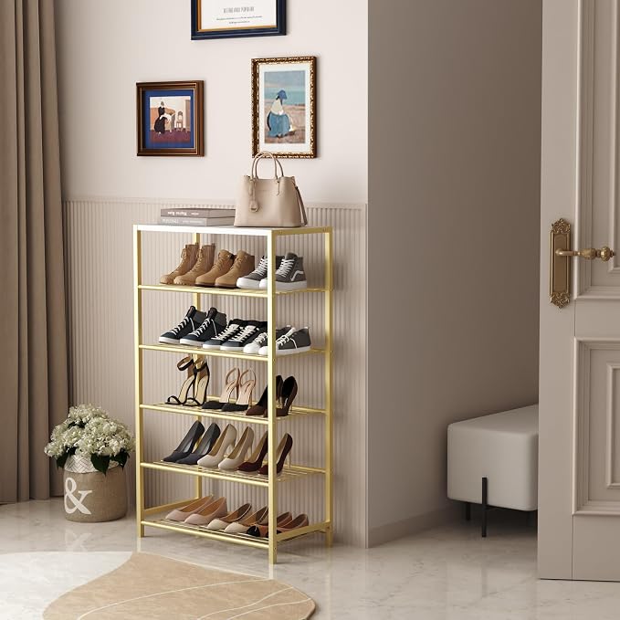 HOMEFORT Shoe Rack 6-Tier, Shoe Storage Shelf, Industrial Shoe Tower, Narrow Shoe Organizer for Closet Entryway, Small Shoe Rack Table with Durable Metal Shelves,Gold