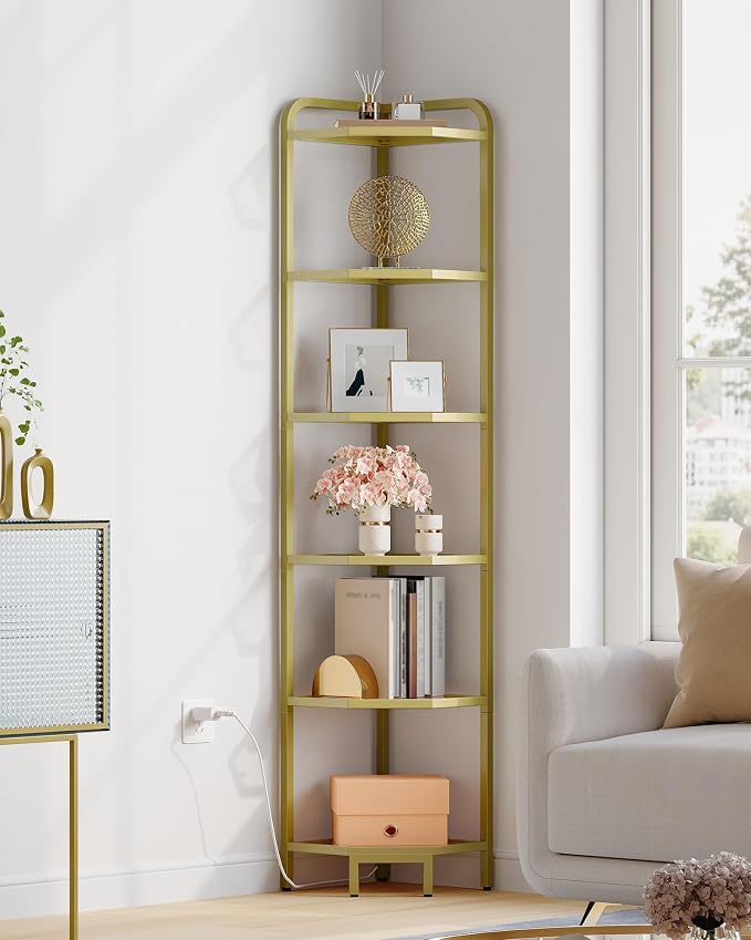 Hzuaneri Corner Shelf with LED Lighting, 6-Tier Glass Bookshelf | Steel Frame, Tempered Glass, Modern Style Corner Shelf, Suitable for Living Rooms, Bedrooms and Games Rooms