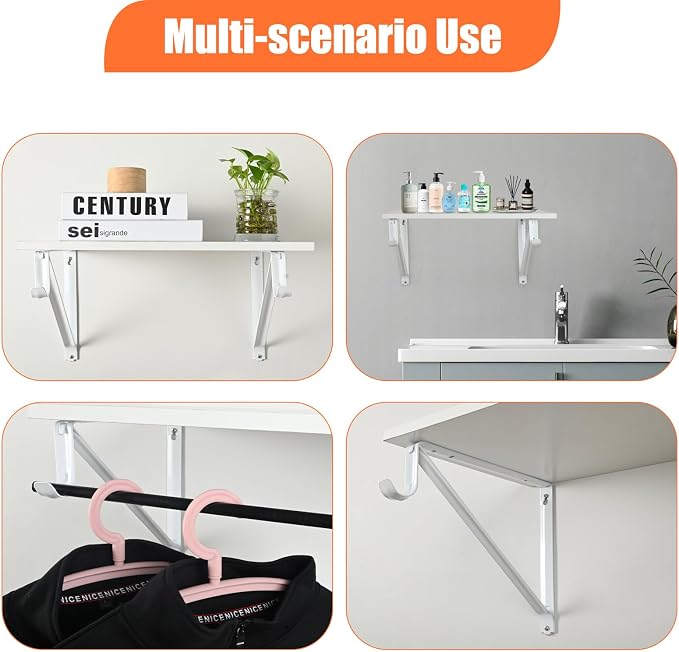 10 Pack Heavy Duty Closet Shelf & Rod Brackets, Wall Mounted Closet Shelf Brackets, 11 x 9.45 Inch Closet Shelf Brackets with Rod Support, White
