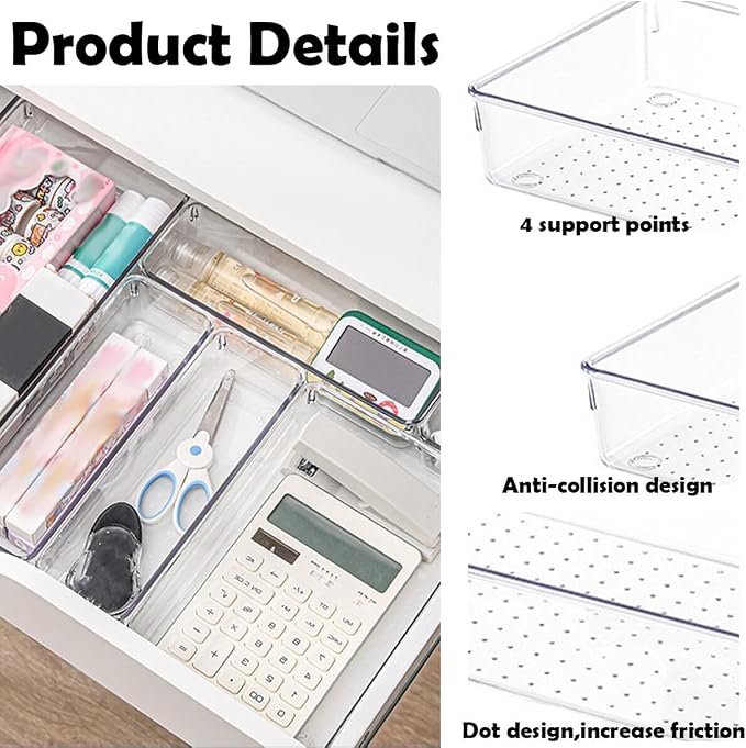 Clear Drawer Organizer Trays 6 Pack Plastic Dividers Bins | 15x6x2 Inch Desk Separator, Stackable Dresser Makeup Kitchen Office Storage Boxes, Cosmetic Utensil Flat Container Case