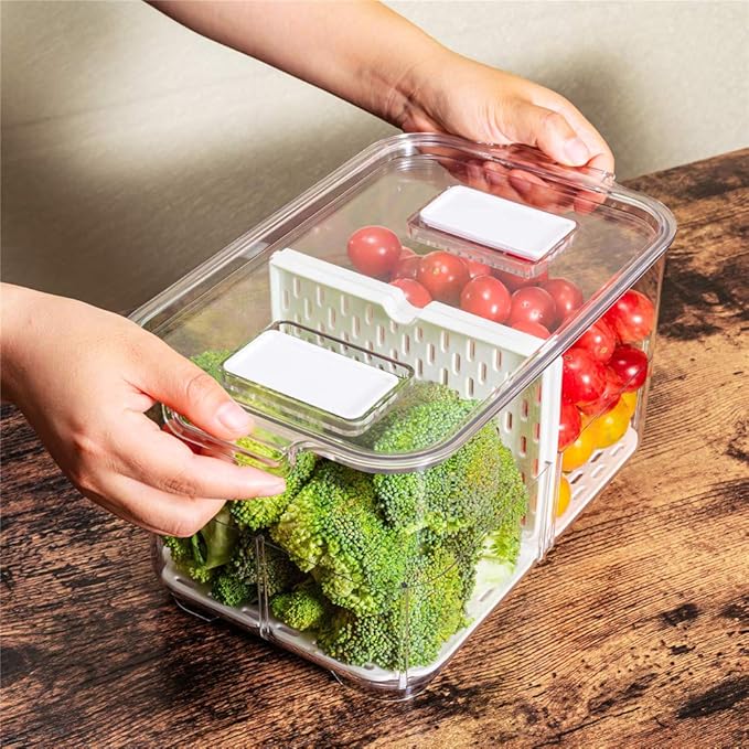 SANNO Fridge Produce Saver Storage Vegetable Fruit Containers Food Produce Saver Container Stackable Refrigerator Organizer Bins Fresh Keeper Drawers Organizer, Set of 4