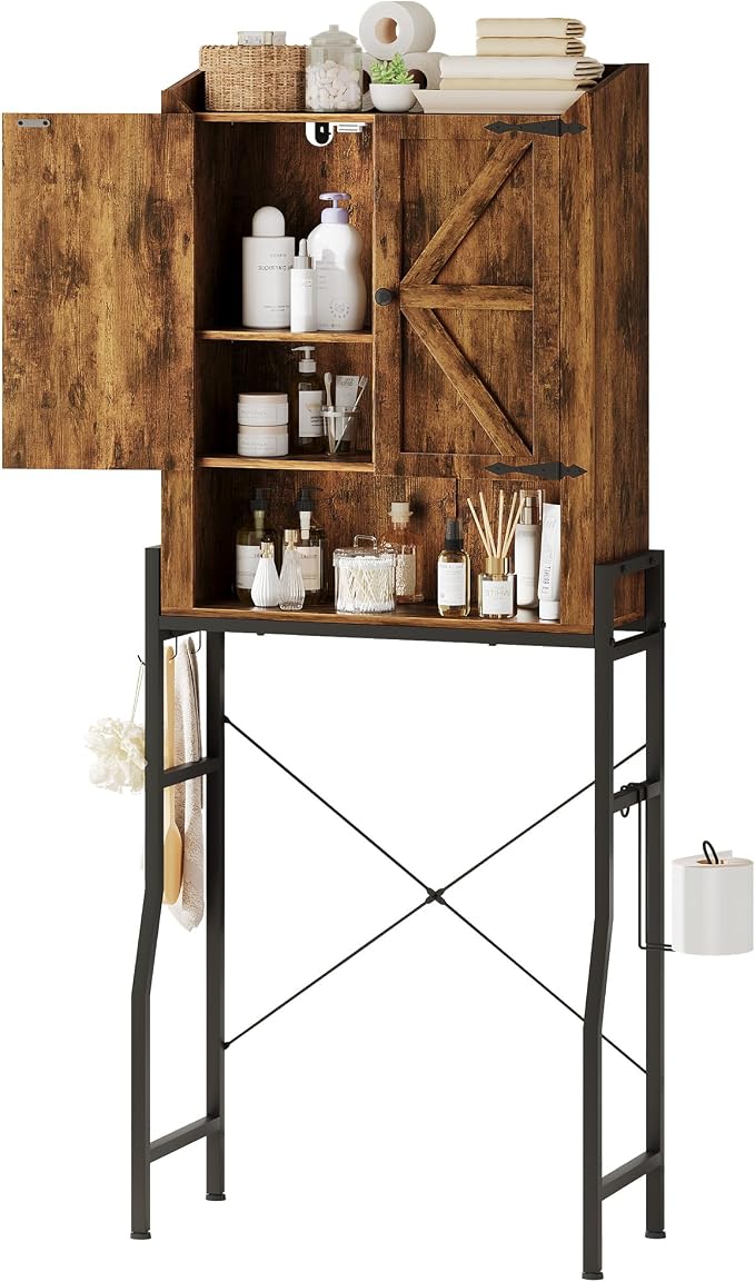 Memobarco Over The Toilet Storage Cabinet with Metal Stand, Rustic Brown | Toilet Paper Holder, 3 Extra Hooks, Anti-Tipping Device, With Adjustable Shelves, for Bathroom, Restroom, Laundry