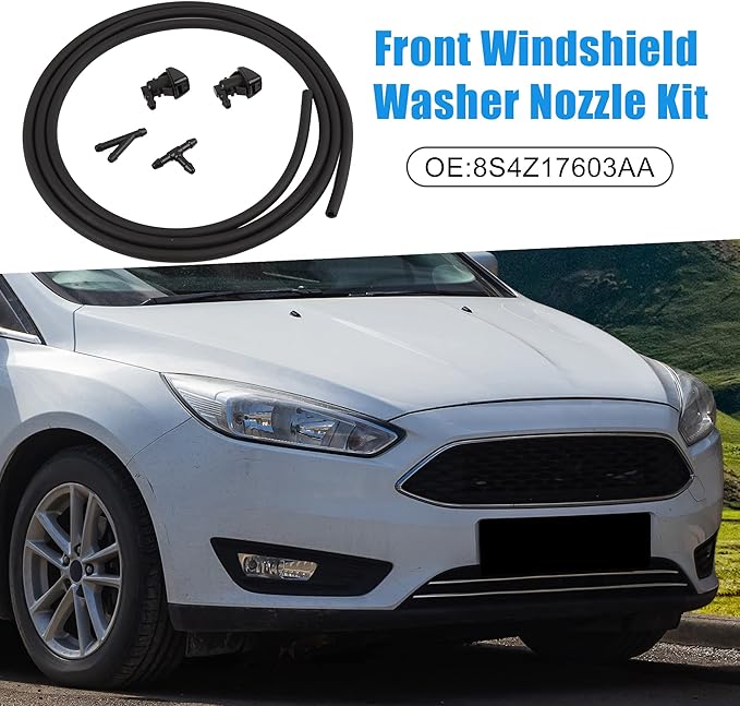 Front Windshield Window Washer Nozzle 8S4Z17603AA with 2 Connector 1 Hose Wiper Nozzle Spray Jet for Ford Focus 2008-2011 Set