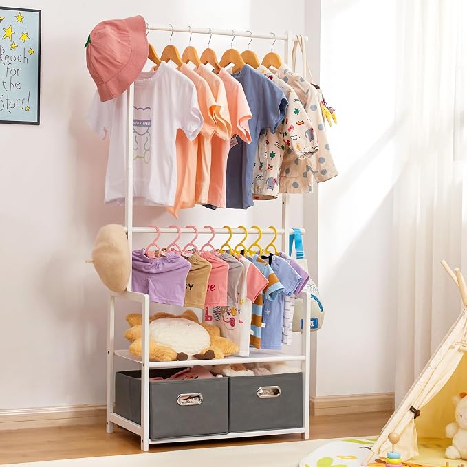 Bamboo Kids Clothing Rack: Holds Up To 121 Lbs of Dress-Up Clothes | 2 Adjustable Hanging Rods & 2 Storage Baskets With Shelf. Child Garment Holder for Playroom & Toddler Bedroom (White)