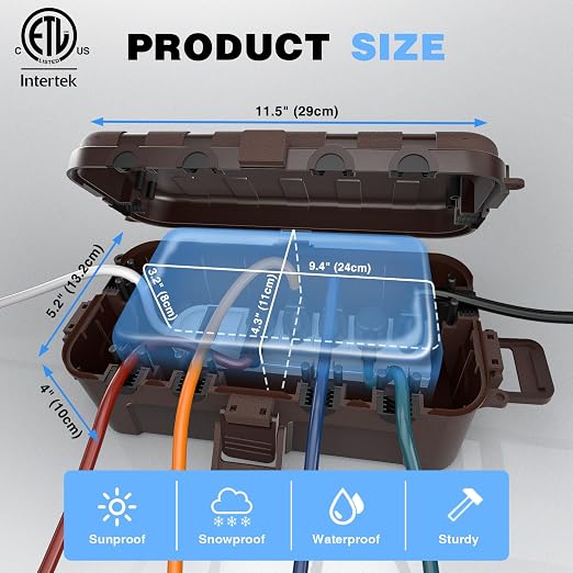 Flemoon [2 Pack] Medium Outdoor Electrical Box Waterproof, Outdoor Plug | Electrical Box (11.5x5.2x4 inch) w/6 Cable Entry Ports, Extension Cord Cover for Power Strip, Timer, Holiday Light, Brown