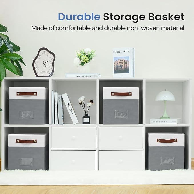 FinishingBo 10.5" x 11" Storage Bins with Labels 6 Pack | PU Leather Handles, Foldable Storage Cubes, Storage Baskets, Closet Storage, White/Dark Grey